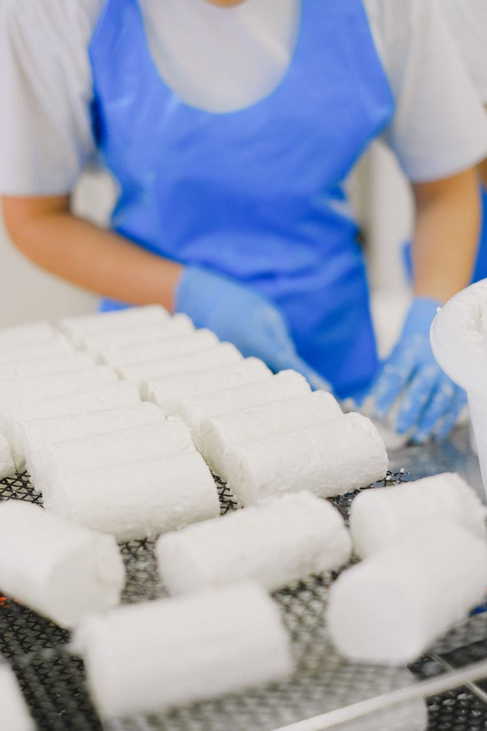 Close-up of worker in protective gear handling cheese blocks on a production line.